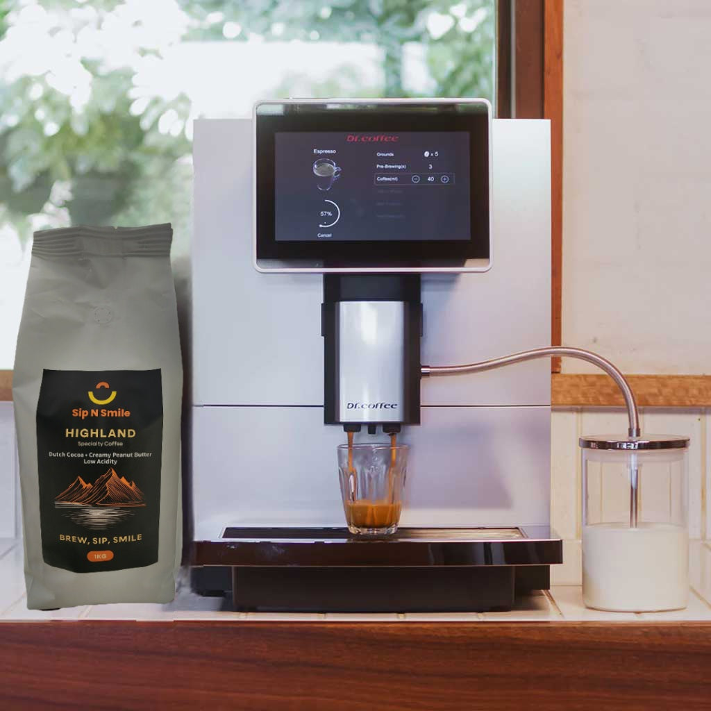 Coffee machine brewing a cup of coffee with a bag of Highland coffee beans on a wooden surface.