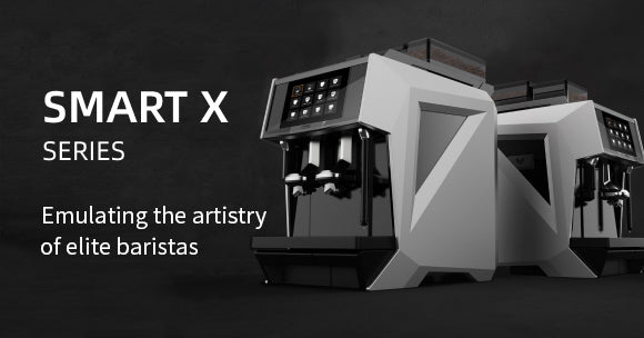 Two coffee machines labeled 'SMART X SERIES' on a dark background with text about emulating elite baristas.
